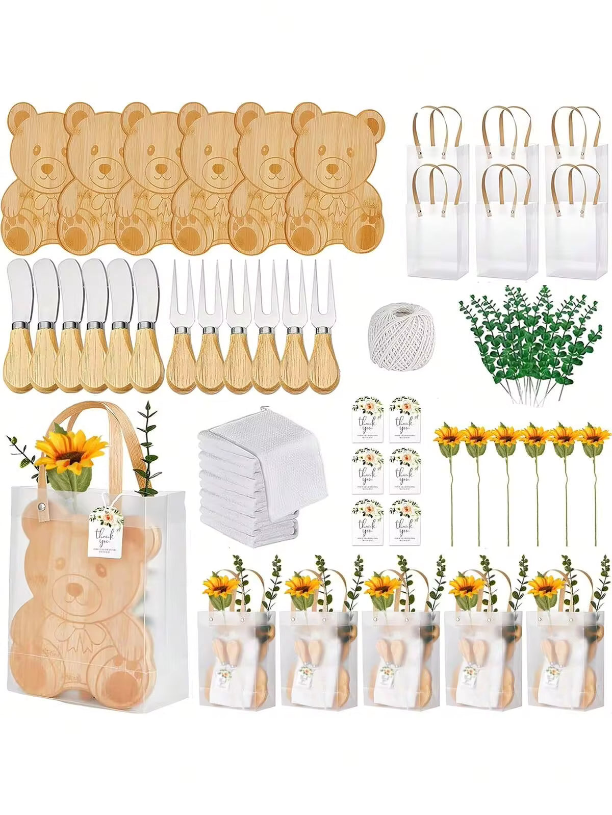 55pcs/6sets Cheeseboard Set,Holiday Party Gift. Featuring Adorable Bear And Clothing-Shaped Cheeseboards, This Set Includes A Cheeseboard, Spoon, Butter Spatula, Gift Bag, And Kitchen Towel For Weddings, Baby Showers, And Holiday Parties