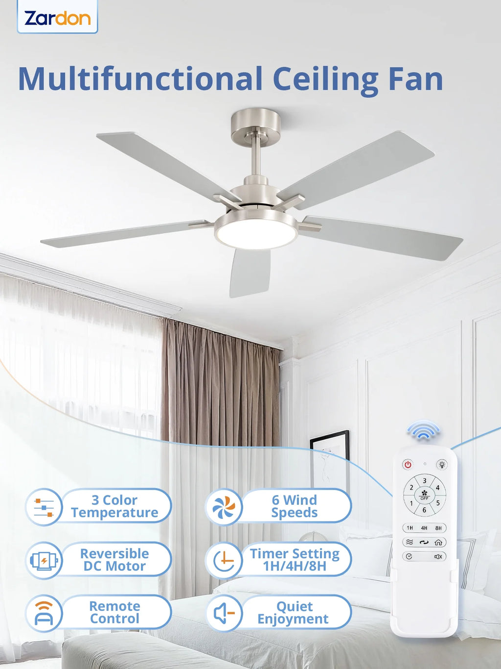 Zardon 52 in Black Ceiling Fan with LED Light and Remote, Downrod 6-Speed and Quiet Reversible DC Motor for Bedroom, Living Room, Indoor