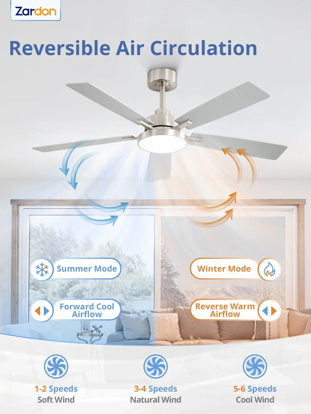 Zardon 52 in Black Ceiling Fan with LED Light and Remote, Downrod 6-Speed and Quiet Reversible DC Motor for Bedroom, Living Room, Indoor