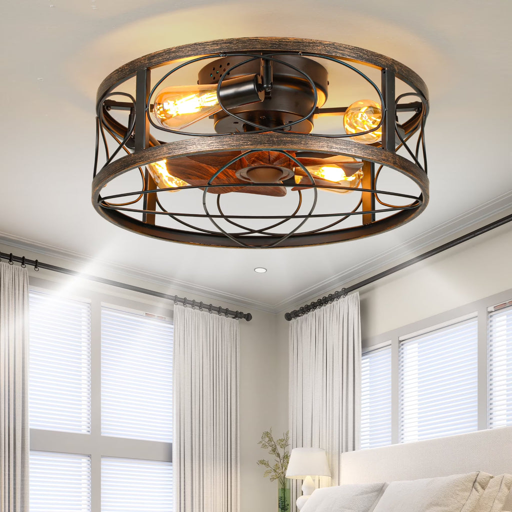 Dextrus 20" Caged Ceiling Fan with Lights and Remote Control, Rustic Farmhouse Flush Mount Design with Reversible DC Motor, 6 Speed Settings